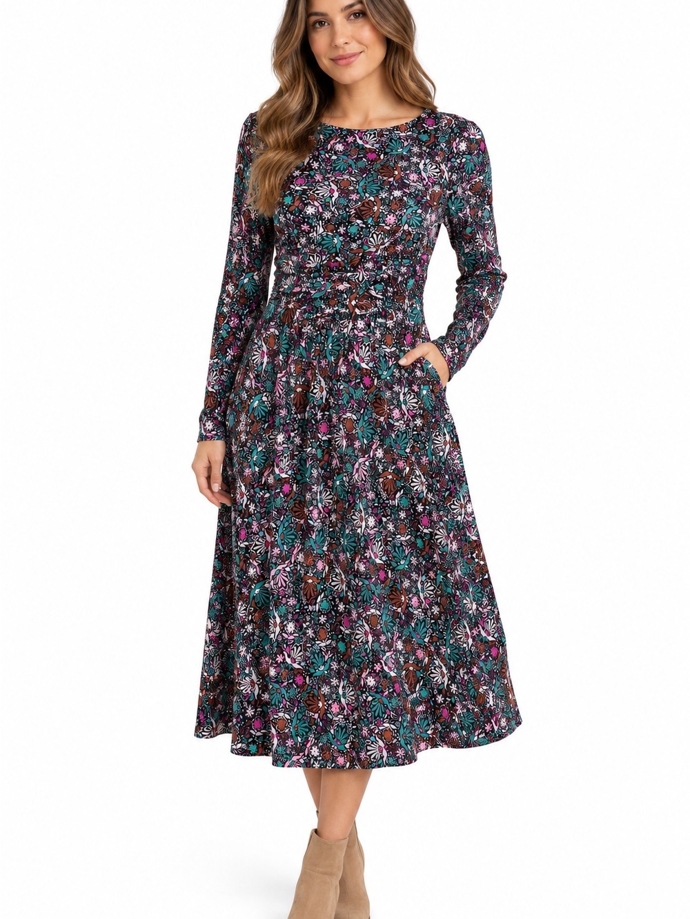 Boden Floral Long-Sleeve Midi Dress in Black, Teal & Pink
